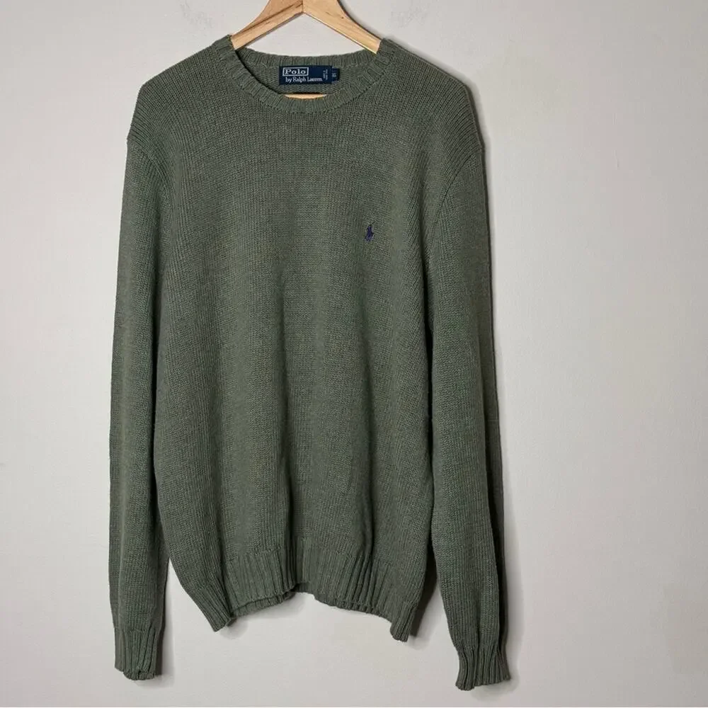 Polo Ralph Lauren Olive Green Knitted Cotton Crew Sweater Size XL